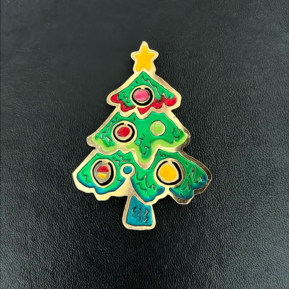 Two Hands Vintage Colorful Gold Tone Christmas Tree Brooch With Raised Ornaments